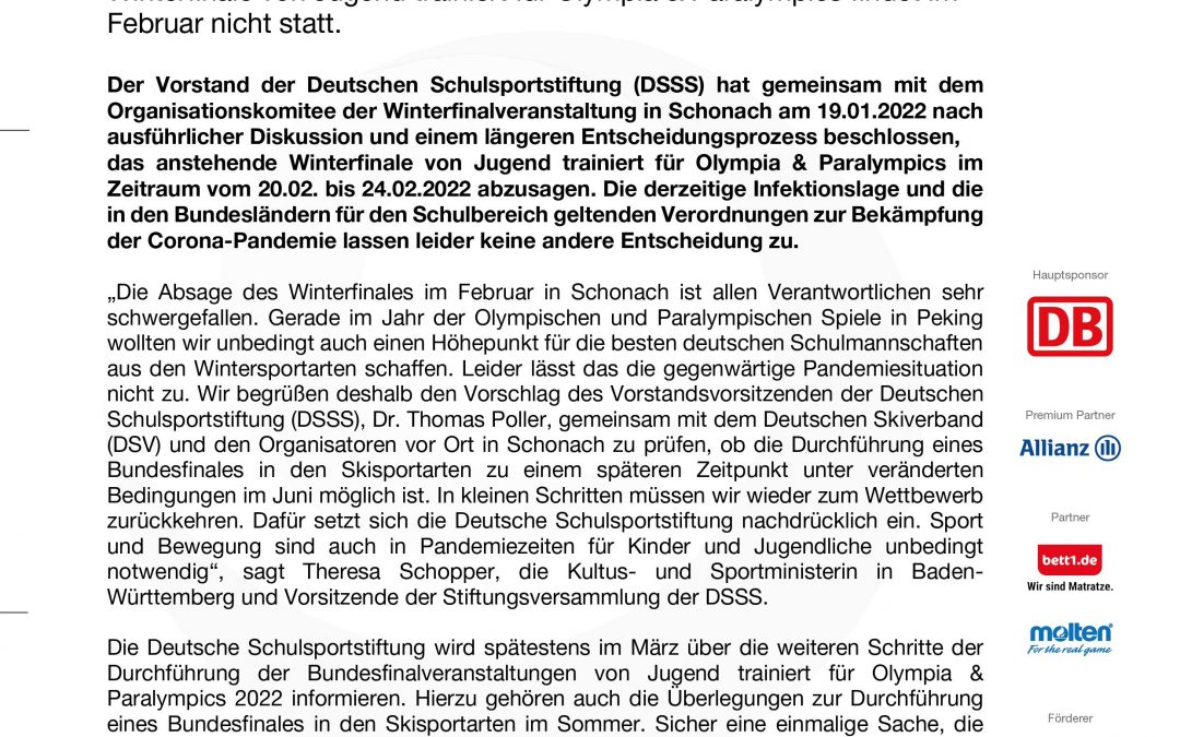 Pressemitteilung der DSSS: Winterfinale von Jugend trainiert für Olympia & Paralympics findet im Februar nicht statt