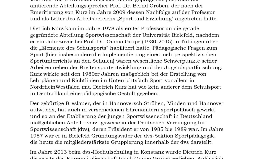 Ex-dvs-Präsident und dvs-Ehrenmitglied: Prof. Dr. Dietrich Kurz im Alter von 80 Jahren verstorben